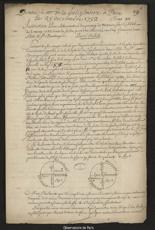 Lettre de Joseph-Nicolas Delisle à Rolland-Michel Barrin, marquis de La Gallissonnière,Paris, 25 novembre 1752