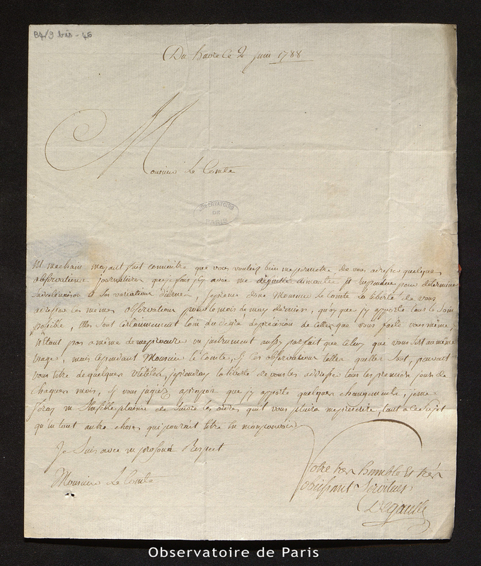 Lettres de Degaulle. Transmission à Cassini IV, le Havre entre 1788 et 1790