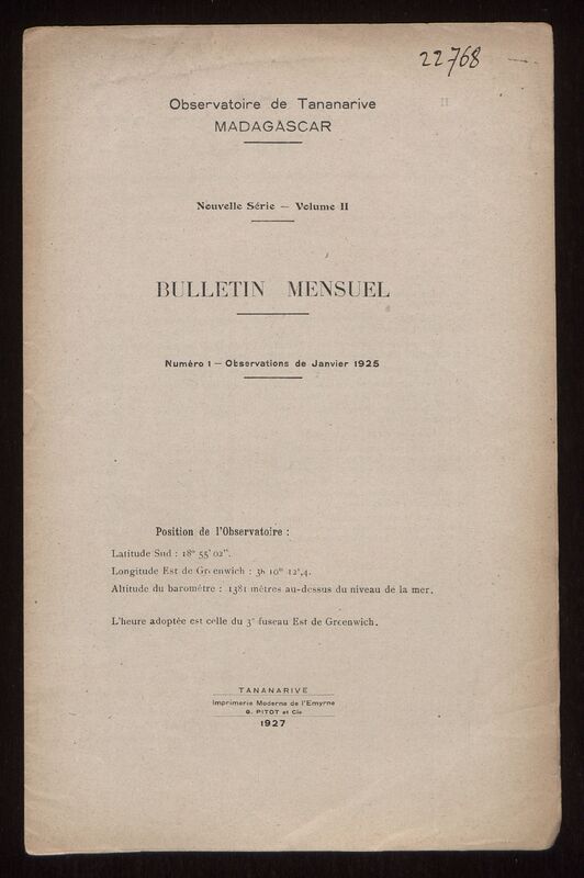 (1925) Bulletin mensuel de l'Observatoire de Tananarive