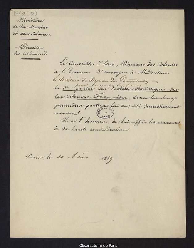 Lettre du directeur des Colonies au secrétaire bibliothécaire du Bureau des Longitudes, à Paris le 20 août 1839