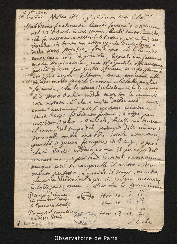 Lettre de Francisco Eschinardi à Cassini I, Rome le 11 novembre 1666