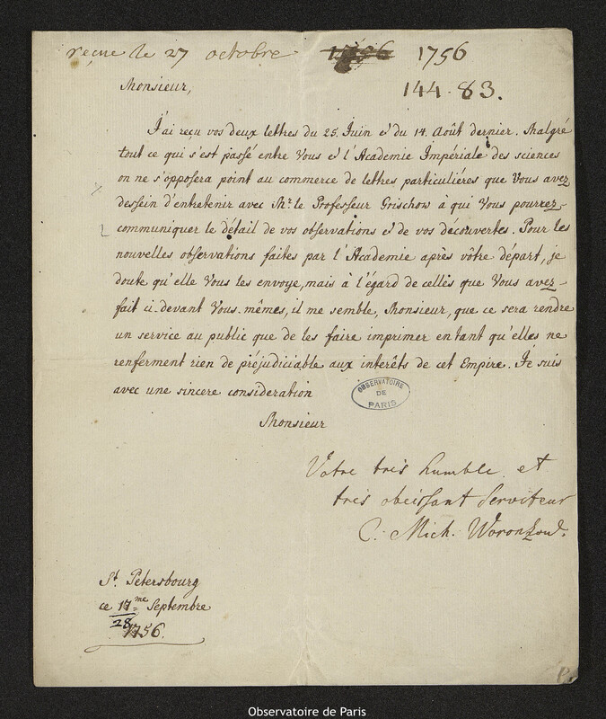 Lettre de Mikhaïl Illarionovitch Vorontsov à Joseph-Nicolas Delisle, Saint-Pétersbourg, 28 septembre 1756