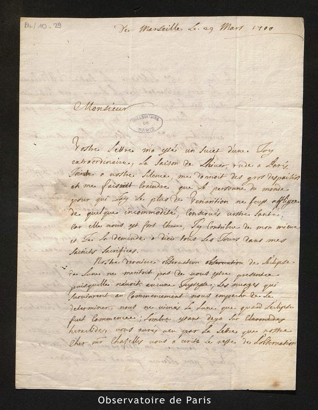 Lettre de Feuillée à Cassini I, Marseille le 29 mars 1700