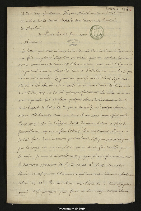 Lettre de Joseph-Nicolas Delisle à Johann Wilhelm Wagner, Paris, 22 janvier 1720