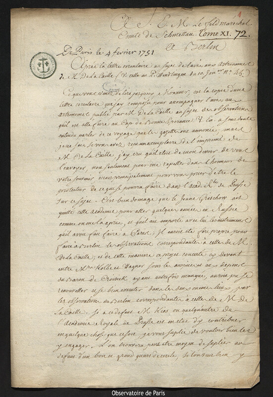 Lettre de Joseph-Nicolas Delisle à comte Samuel de Schmettau, Paris, 4 février 1751