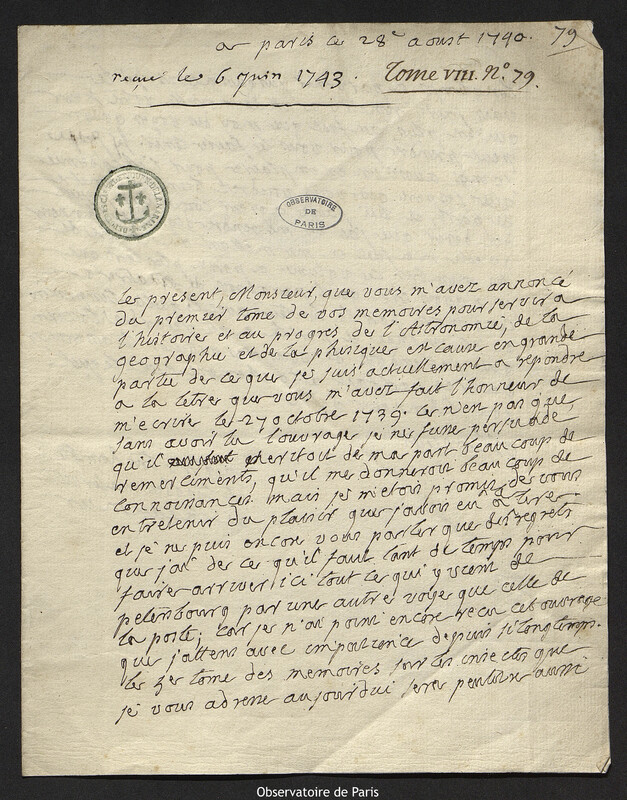 Lettre de René Antoine Ferchault de Réaumur à Joseph-Nicolas Delisle, Paris, 28 août 1740