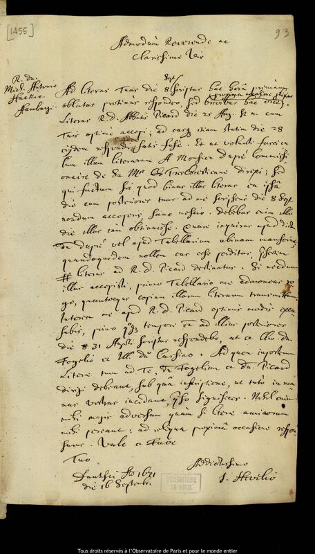 Lettre de Jan Heweliusz à Michal Antoni Hacki, Gdansk, 16 septembre 1671