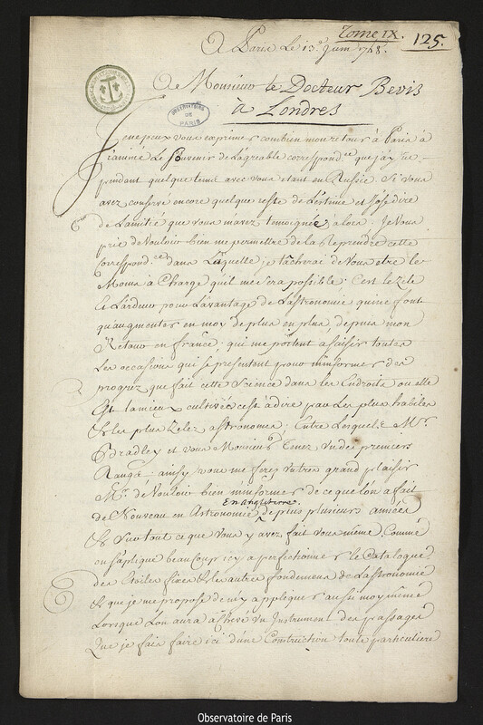 Lettre de Joseph-Nicolas Delisle à Jean Bevis, Paris, 13 juin 1748