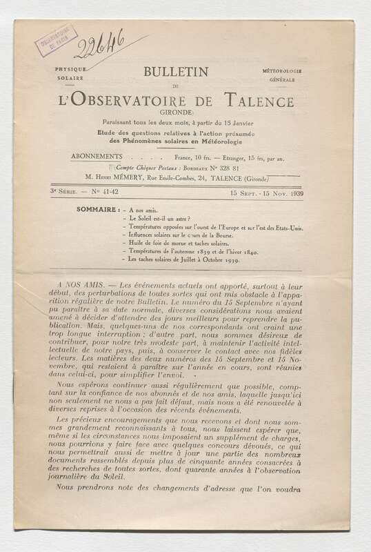 (1939) Bulletin de l'Observatoire de Talence, 3e série