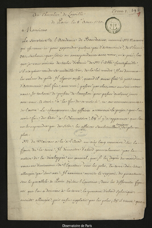 Lettre de Joseph-Nicolas Delisle à Jacques d'Allonville de Louville, Paris, 8 août 1720