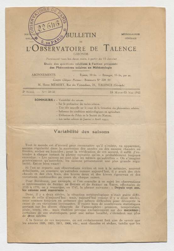 (1941) Bulletin de l'Observatoire de Talence, 3e série