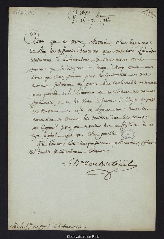 Lettre de Louis Le Tonnelier, baron de Breteuil, à Cassini IV, directeur de l'Observatoire, le 16 septembre 1784