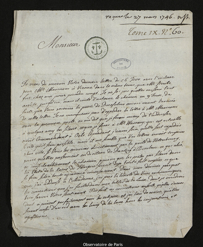 Lettre de Leonhard Euler à Joseph-Nicolas Delisle, Berlin, 15 mars 1746