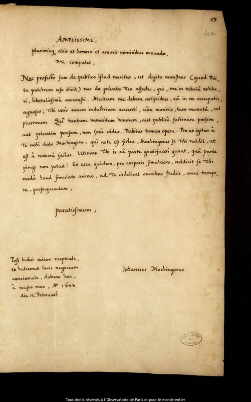 Lettre de Johannes Mochinger à Jan Heweliusz, 12 février 1648