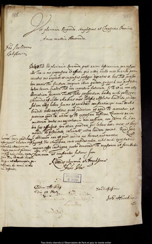 Lettre de Jan Heweliusz à Gottlieb Balduin, Gdansk, 18 mars 1679