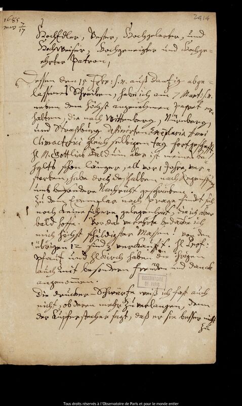 Lettre de Johann Abraham Ihle à Jan Heweliusz, Leipzig, 7 mars 1685