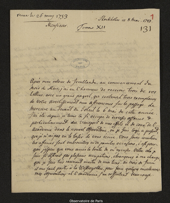 Lettre de Pehr Wilhelm Wargentin à Joseph-Nicolas Delisle, Stockholm, 8 mai 1753