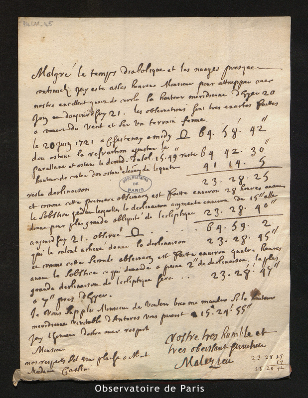 Lettre de Malezieu à Maraldi, [Chastenay] le juin 1721