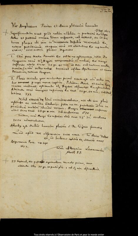 Lettre d'Albert Linemann à Jan Heweliusz, Kaliningrad, 24 septembre 1652