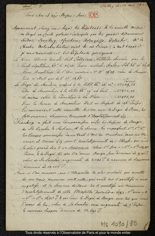 Lettre du baron Franz Xaver von Zach à Joseph Jérôme Le françois de Lalande Seeberg, 10 mai 1803