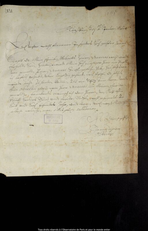 Lettre de Daniel Depiere à Jan Heweliusz, Augsbourg, 6 janvier 1678