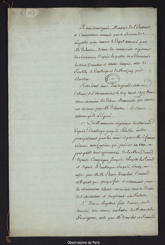 Rapport de Jean-Baptiste Biot, Alexis Bouvard et Johann Carl Burckardt sur le dépôt de manuscrits par Jean-Baptiste Delambre relatifs au système métrique