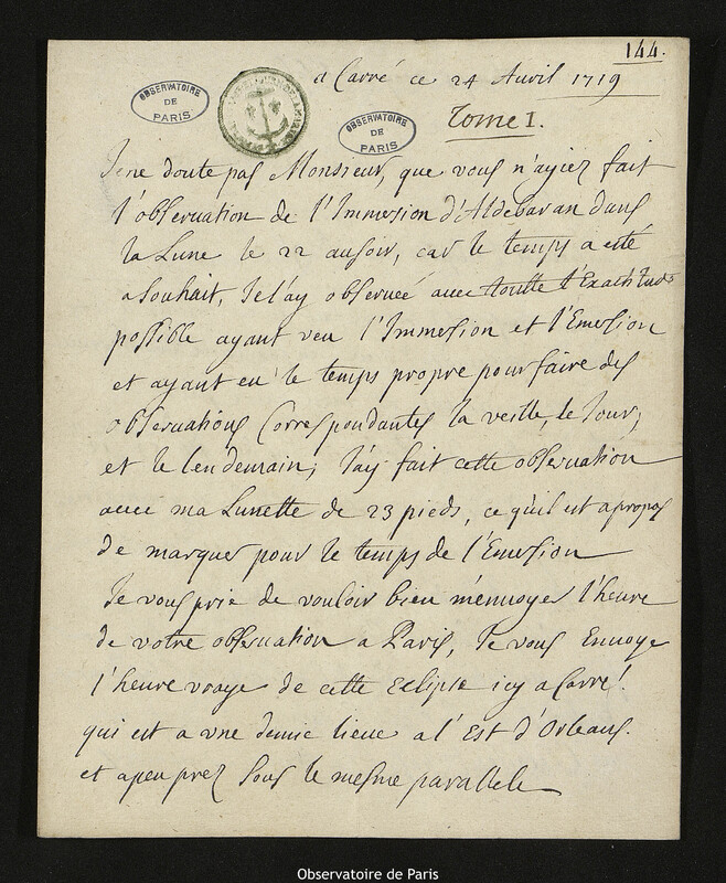 Lettre de Jacques d'Allonville de Louville à Joseph-Nicolas Delisle, Lieu-dit Le Clos du Petit Carré, 24 avril 1719