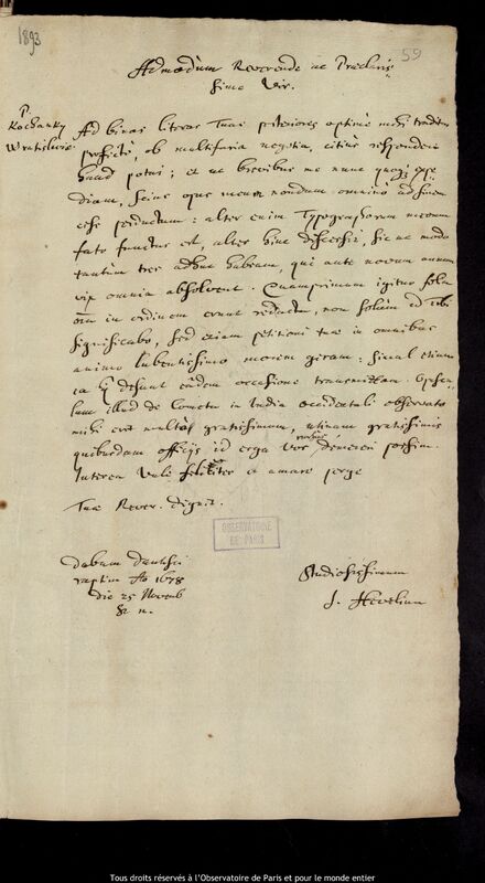 Lettre de Jan Heweliusz à Adam Adamandus Kochanski, Gdansk, 25 novembre 1678