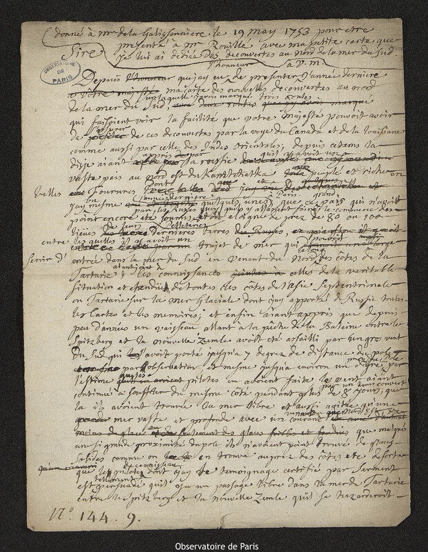 Lettre de Joseph-Nicolas Delisle à Antoine Louis Rouillé, 1753