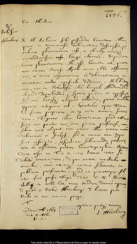 Lettre de Jan Heweliusz à Stanislaw Lubieniecki, Gdansk, 8 février 1667