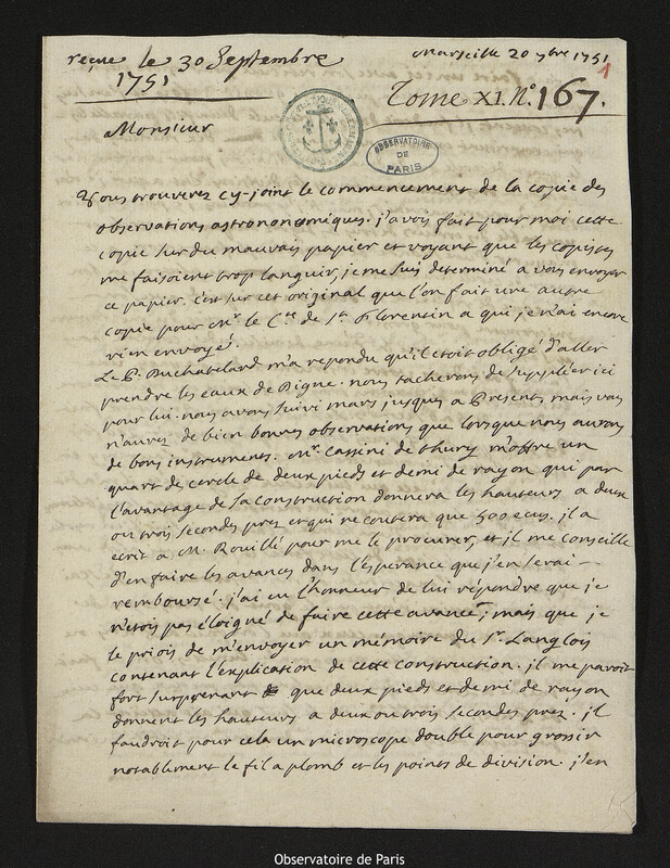 Lettre de Esprit Pezenas à Joseph-Nicolas Delisle, Marseille, 20 septembre 1750