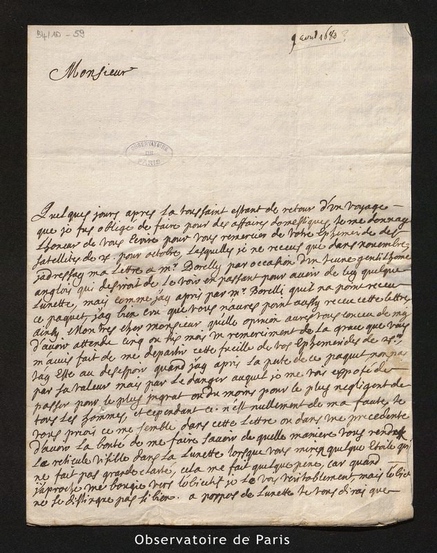 Lettre de Gallet à Cassini I, Avignon le 11 avril 1677