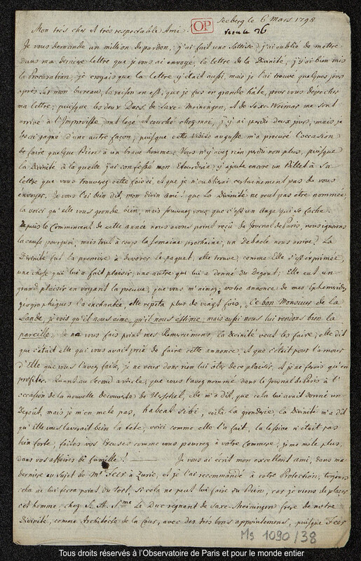 Lettre du baron Franz Xaver von Zach à Joseph Jérôme Le françois de Lalande Seeberg, 6 mars 1798