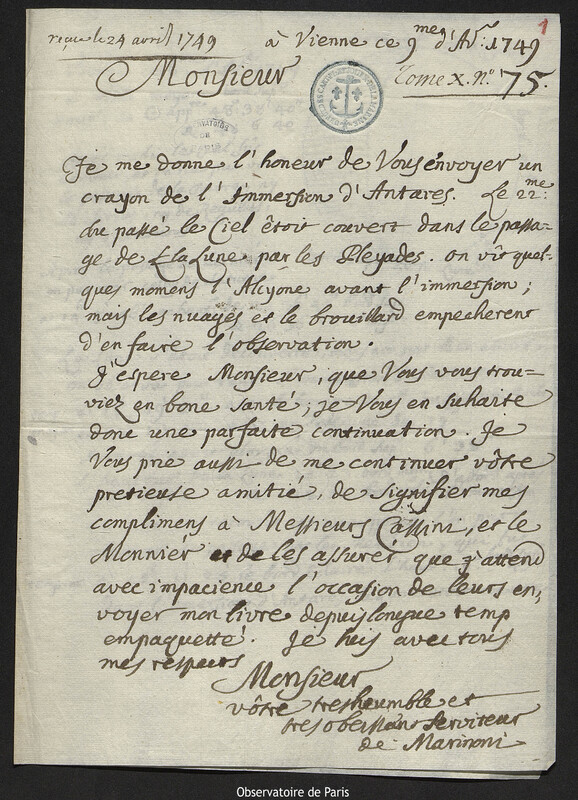 Lettre de Giovanni Giacomo Marinoni à Joseph-Nicolas Delisle, Vienne, 9 avril 1749