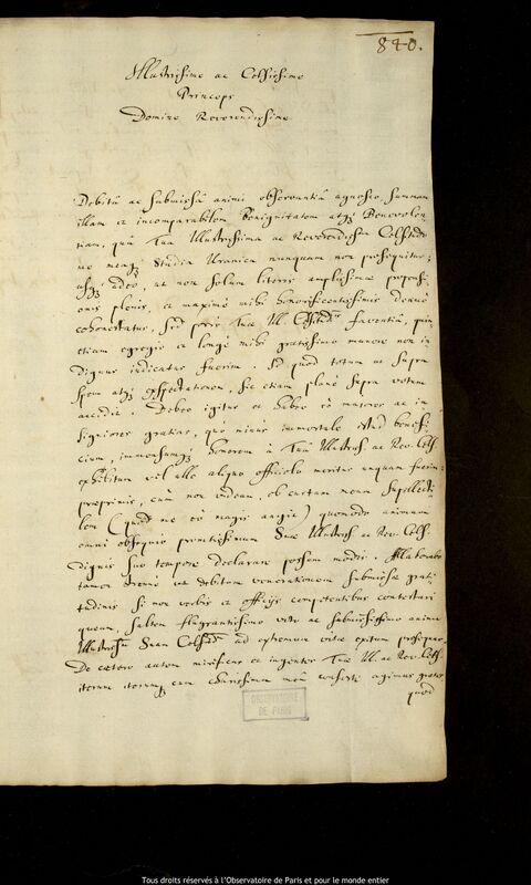 Lettre de Jan Heweliusz à Jan Stefan Wydzga, Gdansk, 11 février 1664