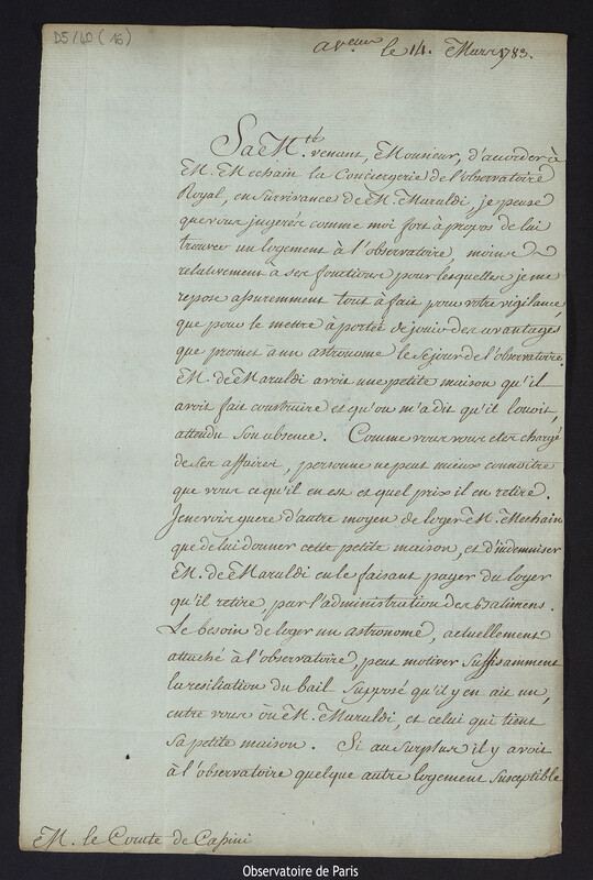 Lettre de Charles de la Billarderie, comte d'Angiviller, à Cassini IV, à Versailles le 14 mars 1783