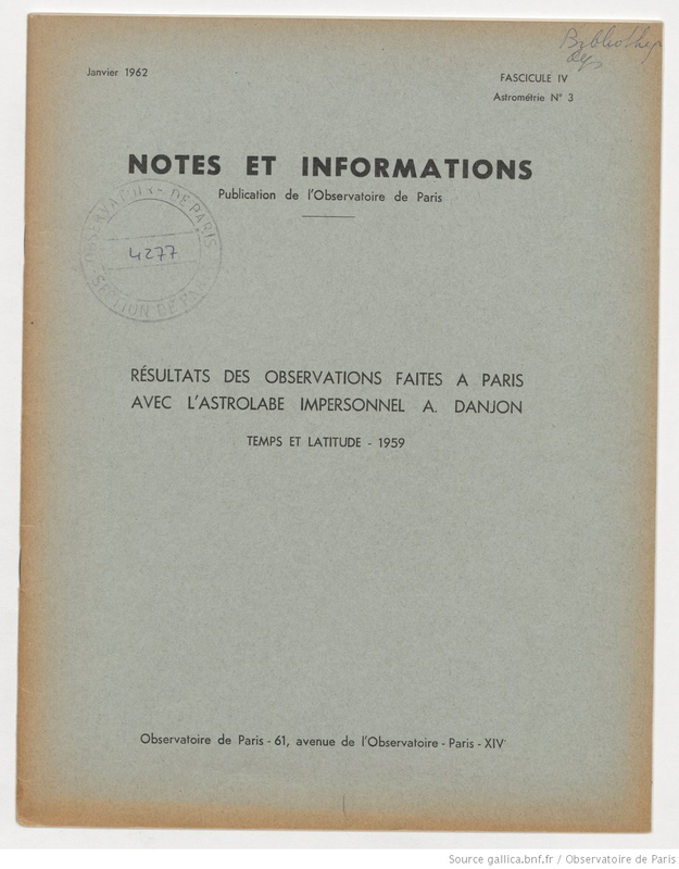 (1962) Notes et informations... Résultats des observations faites à Paris avec l'astrolabe impersonnel A. Danjon, temps et latitude, 1959