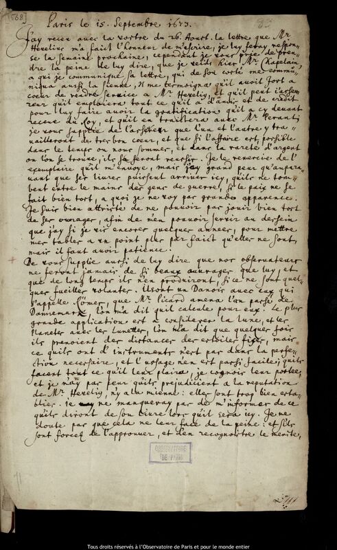 Lettre d'Ismaël Boulliau à Pierre Des Noyers, Paris, 15 septembre 1673