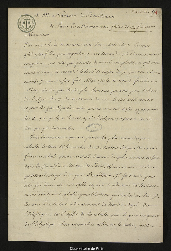 Lettre de Joseph-Nicolas Delisle à Joseph de Navarre, Paris, 1721