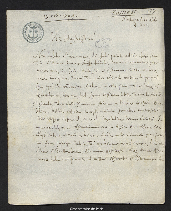 Lettre de Johann Gabriel Doppelmayr à Joseph-Nicolas Delisle, Nuremberg, 13 octobre 1724