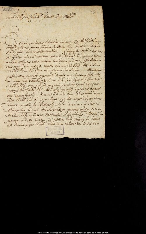 Lettre de Ludwik Michal Fantoni à Jan Heweliusz, Frombork, 17 avril 1678