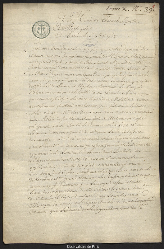 Lettre de Joseph-Nicolas Delisle à Eustachio Zanotti, Paris, 6 décembre 1748