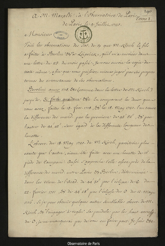 Lettre de Joseph-Nicolas Delisle à Jacques Philippe Maraldi, Paris, 9 juillet 1720