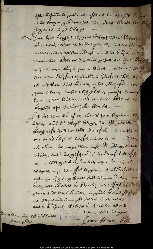 Lettre de Jan Hendricksz Tim à Jan Heweliusz, Amsterdam, 18 mars 1673