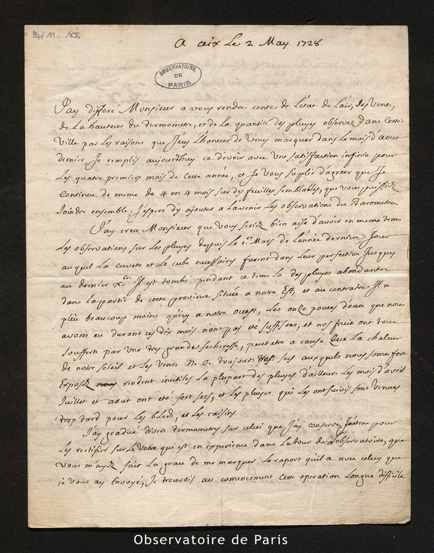 Lettre de Montvalon, Aix le 2 mai 1728