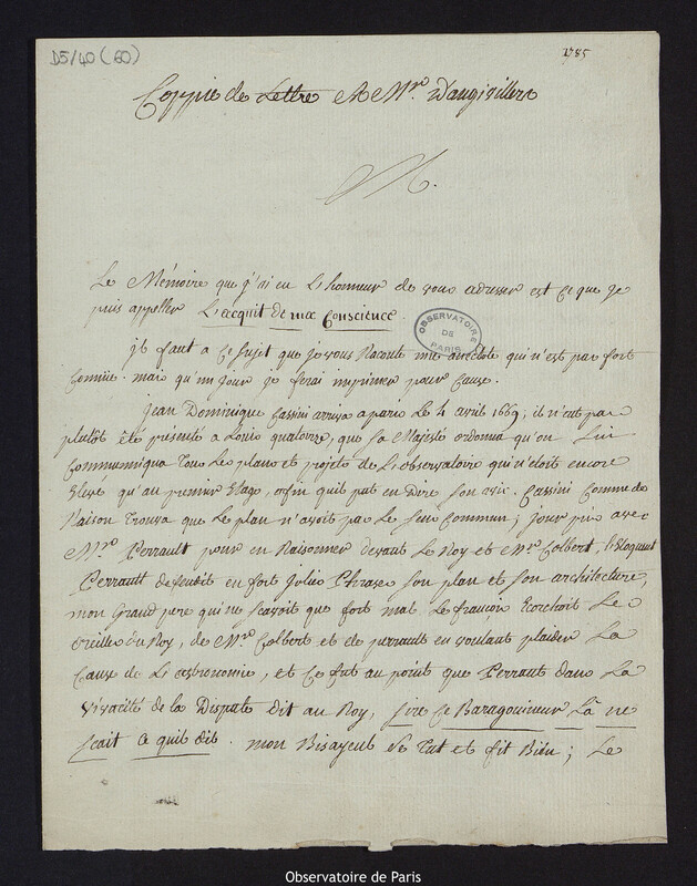 CASSINI IV. Copie de lettre à Mr d'Angiviller