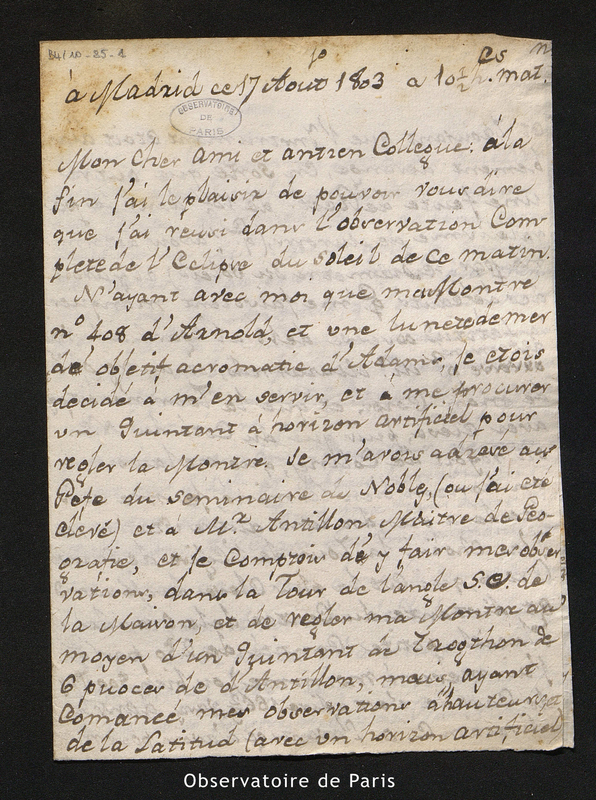 Lettre de Gonzalez Ortiz à Méchain, Madrid le 17 août 1803