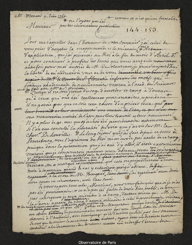 Lettre de Joseph-Nicolas Delisle à Léon Ménard ?, 9 juin 1760