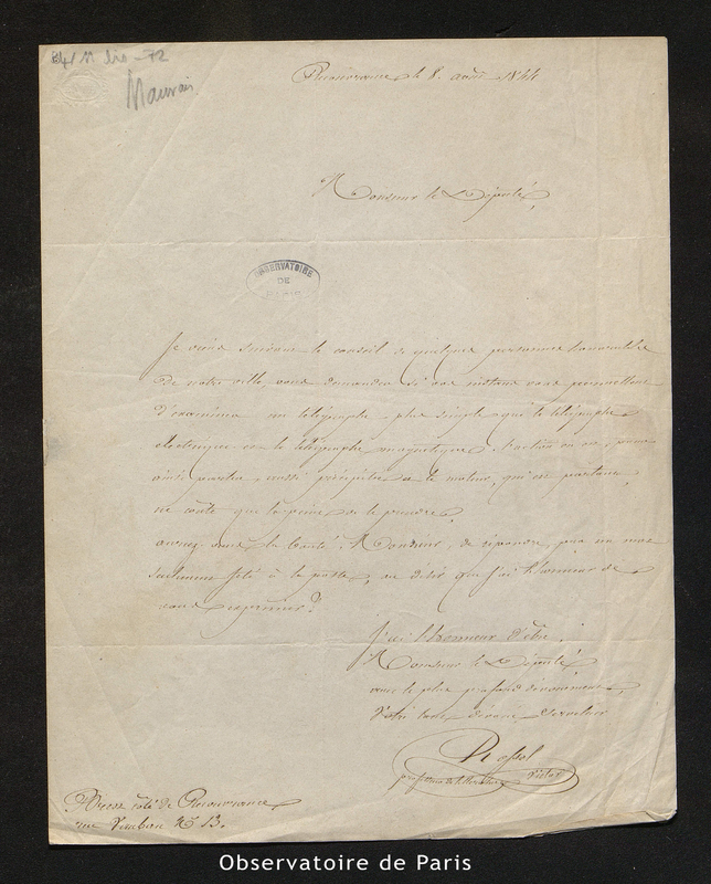 Lettre de Victor Rossel à Arago, Brest le 8 août 1844