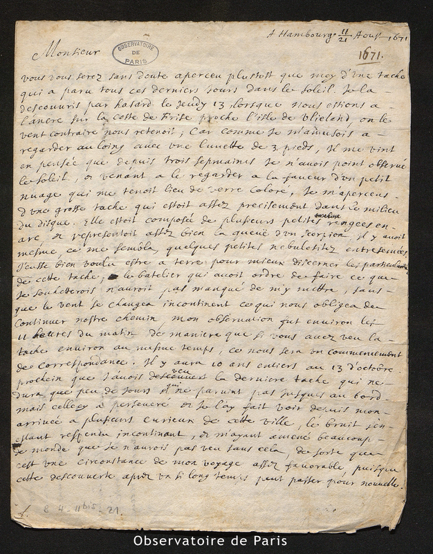 Lettre de Picard à Cassini I, Hambourg le 11/21 août 1671